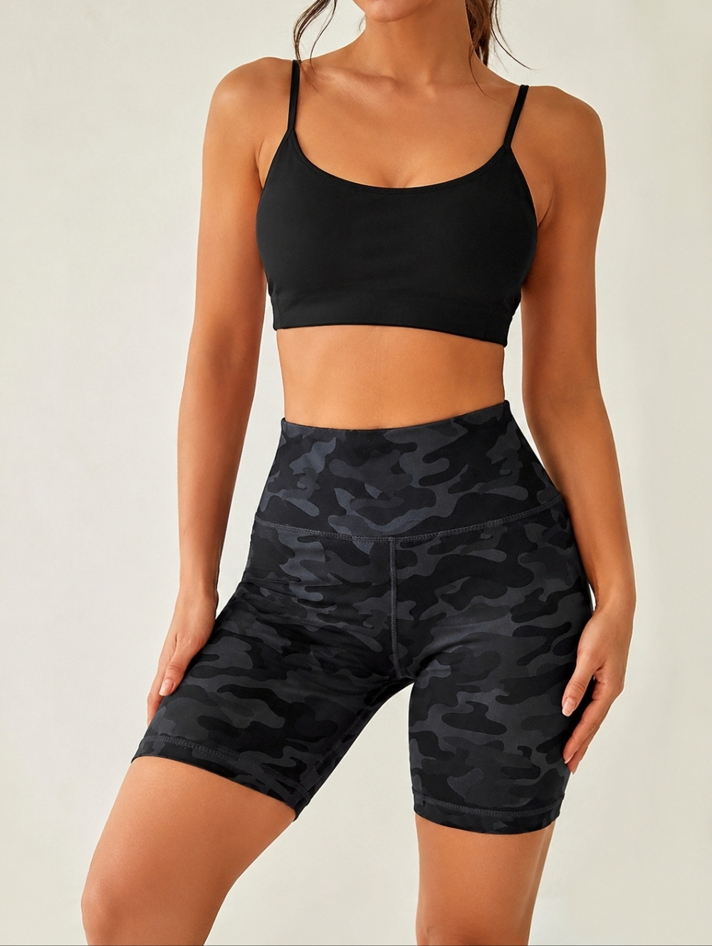 Womens Black Camo Biker Shorts High Rise Athleisure Moto Activewear Gym Workout